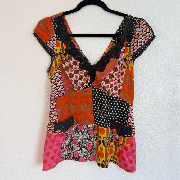 Nanette Lepore Tops - Vintage retro y2k boho summer Patchwork lace satin cool girl top